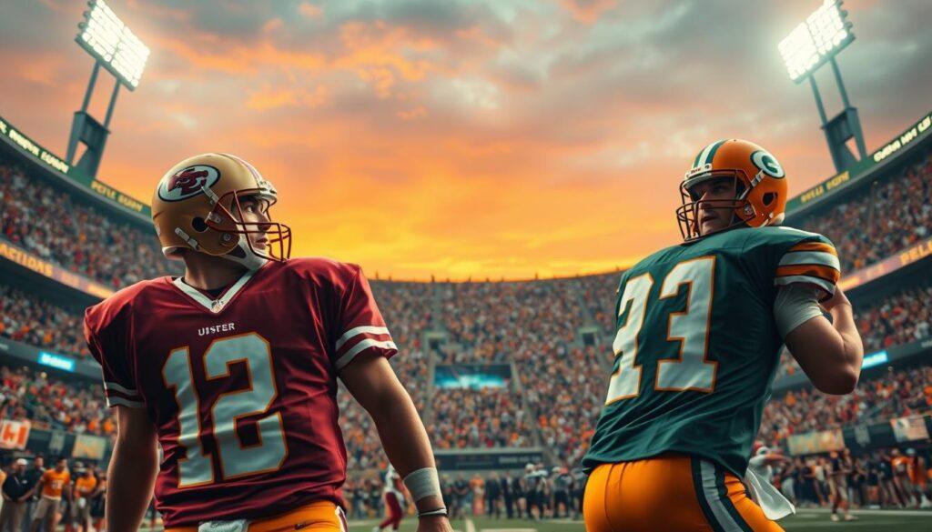 A dynamic scene capturing quarterback icons in the heat of a game-winning drive during a high-stakes football match. In the foreground, two quarterbacks in professional sports attire, one in a traditional garnet and gold uniform, the other in classic orange and green, poised and determined as they look downfield. In the middle ground, a tense moment unfolds with a bustling crowd, drenched in stadium lights that create a vibrant, electric atmosphere, emphasizing the intensity of the rivalry. The background features a dramatic sky, hinting at sunset, casting an orange glow above the stadium. The composition is shot from a slightly low angle to emphasize the quarterbacks’ stature and leadership under pressure. The overall mood is charged with excitement and anticipation, embodying the thrill of competition and iconic sportsmanship.