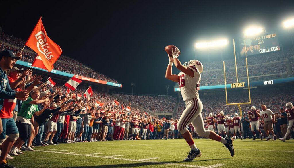 A dynamic scene capturing the essence of classic college football games, featuring two iconic teams clashing on the gridiron under bright stadium lights. In the foreground, a diverse crowd of passionate fans dressed in team colors, waving flags and cheering, creates an electric atmosphere. The middle ground depicts players in action, one attempting a catch while the other defends, showcasing intense concentration and athleticism. In the background, a packed stadium with banners and a vibrant scoreboard highlights the excitement of the game. The lighting is dramatic, casting stark shadows and highlighting the players' expressions, while a low-angle lens emphasizes the grandeur of the moment. The overall mood is one of nostalgia and excitement, encapsulating the thrill of legendary matchups.