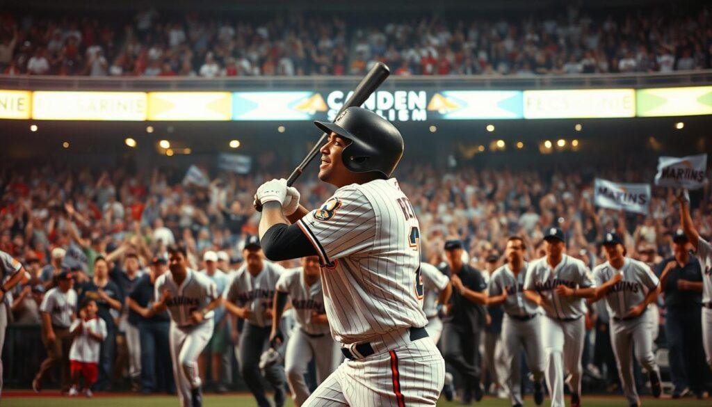 A dramatic scene capturing the iconic moment of Edgar Rentería’s walk-off hit in the 1997 World Series, set in an electrifying stadium atmosphere. Foreground: Rentería in a mid-swing pose, dressed in a Miami Marlins uniform, his expression a mix of concentration and joy. Middle ground: jubilant teammates rushing towards him, celebrating in excitement, with varied expressions of disbelief and happiness, all dressed in matching team gear. Background: a packed stadium filled with ecstatic fans, waving Marlins flags and banners, the stadium lights shining brightly against the night sky, creating an exhilarating atmosphere. Soft focus on the audience to emphasize Rentería’s pivotal moment. Capture the scene with a low-angle shot to enhance the drama, ensuring a warm, vibrant color palette to convey the joy and celebration of the win.