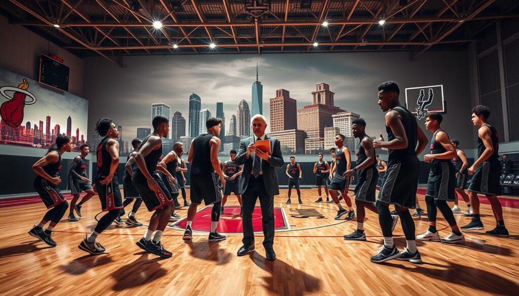 A dynamic basketball court scene illustrating the clash of cultures between the Miami Heat and San Antonio Spurs. In the foreground, a group of athletes engages in intense practice, showcasing Heat conditioning with players in sleek, modern athletic gear focused on drills that emphasize speed and agility. The middle ground features a coach, wearing professional attire, analyzing strategies on a clipboard, embodying the Spurs system's methodical nature. In the background, the iconic aesthetics of both cities blend, with the Heat's vibrant skyline contrasting against the Spurs' historic architecture. Bright gym lighting casts sharp shadows, creating a high-energy atmosphere, while a wide-angle lens captures the hustle and camaraderie. The image reflects determination and teamwork, emphasizing the cultural essence of basketball’s tactical versus athletic approach.