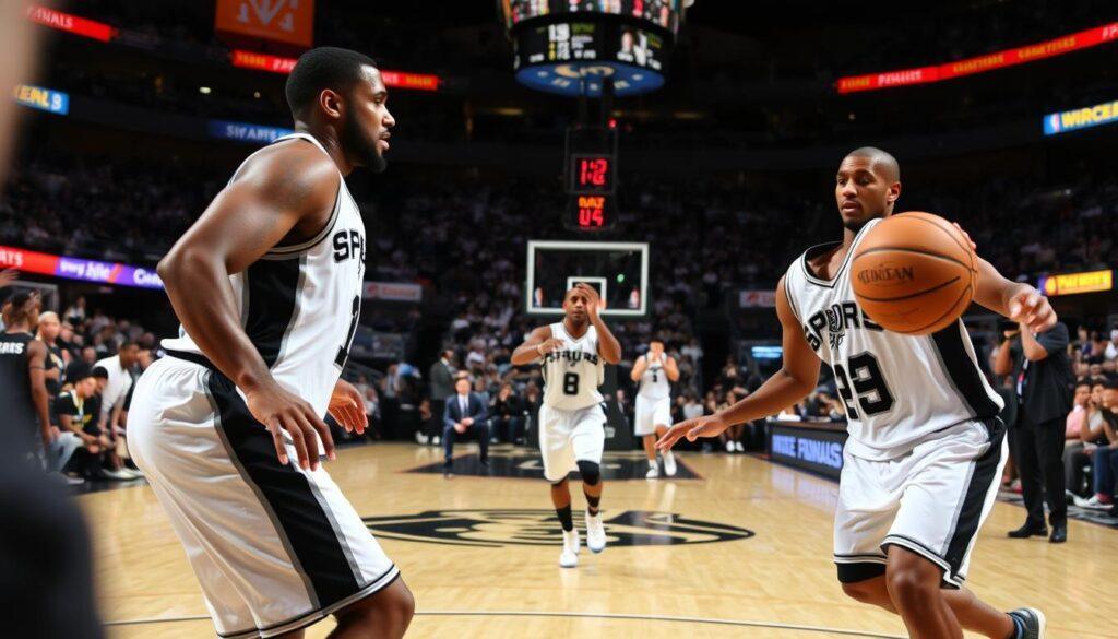 A dynamic basketball scene capturing the essence of the 2014 NBA Finals, showcasing the San Antonio Spurs executing precise ball movement on the court. In the foreground, focus on two Spurs players in professional athletic attire, one dribbling the ball skillfully, while the other is positioned for a strategic pass. Their expressions convey intense concentration and teamwork. In the middle ground, show additional teammates positioning themselves for shots or screens, emphasizing fluid motion and coordination. The background captures a packed arena, with fans cheering and the colorful team banners displayed. The lighting is bright, highlighting the vibrant colors of the players' uniforms against the hardwood floor. Use a slightly low angle to enhance the dramatic effect of the action, evoking a sense of energy and excitement typical of a championship game atmosphere.