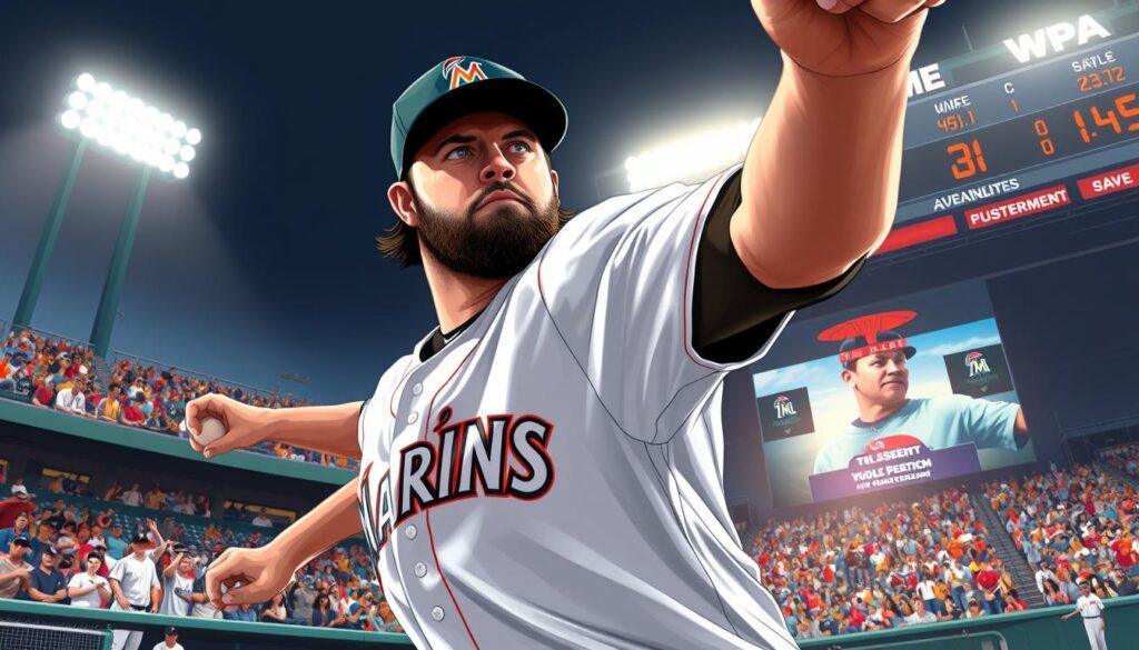 A dynamic illustration of a baseball scene featuring Josh Beckett in his iconic Marlins jersey, captured during a high-stakes postseason game. In the foreground, focus on Beckett’s intense expression as he delivers a pitch, emphasizing his determination and focus. The middle layer includes a packed stadium, with fans standing and cheering, their excitement palpable, conveying the electric atmosphere of a crucial playoff match. In the background, the scoreboard brightly displays game statistics, hinting at advanced metrics like WPA. The lighting is bright with stadium lights shining down, creating dramatic shadows that enhance the tension of the moment. The angle is slightly low, capturing the action from the pitcher's perspective, making the viewer feel immersed in the game. The overall mood is one of intensity and anticipation, embodying the essence of playoff baseball.