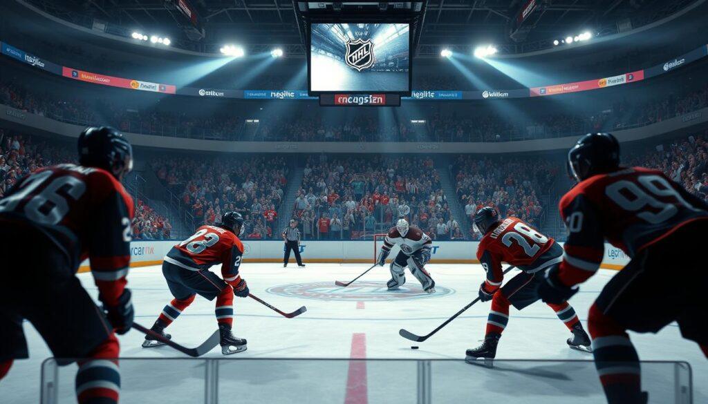 A dynamic scene of an NHL power play strategy in action, focusing on a vibrant ice hockey rink. In the foreground, a skillful team of players in bright blue and orange jerseys are positioned for a power play, showcasing a strategic passing formation. The middle ground features a tense goalie in full gear, intently focused on the puck, while defenders in dark uniforms prepare for an impending attack. In the background, enthusiastic fans wave banners and cheer in a packed arena illuminated by dramatic lighting, casting shadows that enhance the intensity of the moment. The angle captures both the urgency and excitement of the game, conveying a high-stakes atmosphere of competition, emphasizing teamwork and strategy in the heat of battle.