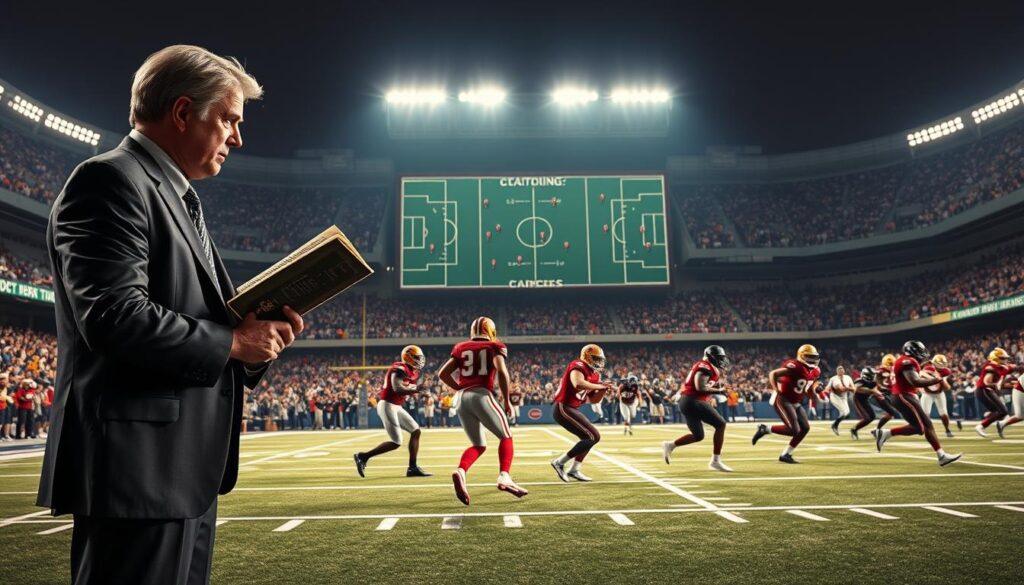 A dynamic scene showcasing the evolution of football coaching eras, focusing on the transition from power running to motion and pace. In the foreground, a thoughtful football coach in professional business attire stands with a playbook in hand, examining a chalkboard filled with innovative plays. In the middle ground, players execute a fast-paced drill, displaying agility and teamwork, dressed in modern football uniforms. The background features a nostalgic stadium filled with fans, blending elements of past and present, with iconic team colors from different eras subtly represented. Dim, focused stadium lighting creates an intense atmosphere, highlighting the strategic discussions and the movement on the field, while a panoramic view captures a sense of history and progress in football strategy.