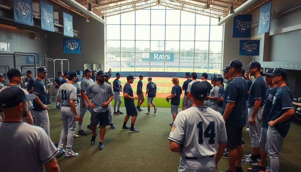 A vibrant, bustling baseball scene inside a Tampa Bay Rays minor league training facility. In the foreground, a diverse group of young athletes in professional sports attire are engaged in various training exercises, showcasing their skills and teamwork. The middle ground features state-of-the-art training equipment and knowledgeable coaches providing guidance, depicting a nurturing environment for player development. In the background, a large, bright window lets in warm sunlight, illuminating the field where practice games take place, framed by Rays banners. The mood is energetic and focused, emphasizing growth and potential, as the coaches and players exhibit camaraderie and determination, symbolizing the strength of the Rays' farm system in contributing to the team’s rivalry with the Yankees and Red Sox. The image is captured with a wide-angle lens to encompass the dynamic atmosphere.