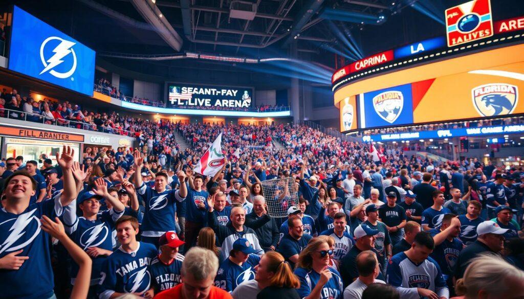 A vibrant scene capturing the electric atmosphere of hockey crowds at Amalie Arena in Tampa and FLA Live Arena in Sunrise, Florida. In the foreground, enthusiastic fans dressed in Tampa Bay Lightning and Florida Panthers jerseys cheer passionately, waves of excitement radiating among them. Bright team colors dominate the scene, with banners and flags waving high. The middle ground features bustling concession stands and fans engaged in lively discussions, amplifying the energy. In the blurred background, the arenas’ iconic architecture is lit up with dynamic lighting, capturing the essence of a game night. A low-angle view enhances the excitement, with dramatic lighting effects creating a lively, spirited mood, showcasing the rivalry and the community's love for hockey in the Sunshine State.