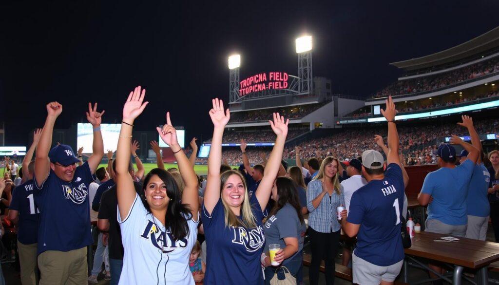 A vibrant watch party atmosphere at Tropicana Field during a thrilling AL East matchup between the Rays, Yankees, and Red Sox. In the foreground, enthusiastic fans dressed in Rays jerseys and casual attire cheer with raised arms, holding drinks and snacks. The middle scene captures large screens displaying the game, surrounded by lively groups of friends, some seated at picnic tables. In the background, the iconic Tropicana Field stadium glows under bright stadium lights, with the night sky deepening to a rich indigo. The mood is electric, conveying the excitement of a crucial October game, with a blend of joy and anticipation in the air. The image should be captured from a slightly elevated angle to encompass the dynamic crowd and the vibrant stadium setting.