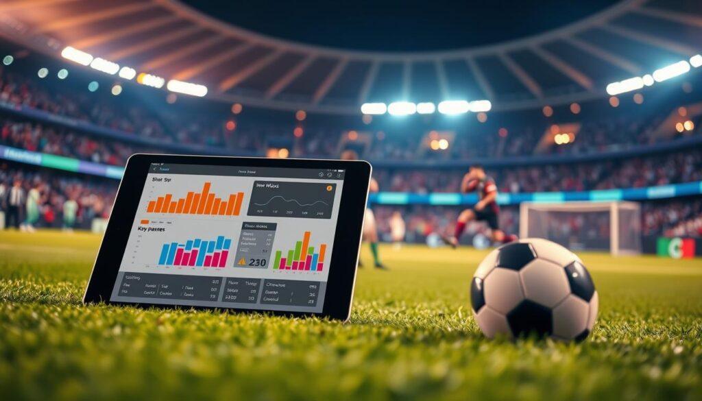 A detailed analysis of sports betting props related to soccer, focused on Inter Miami's performance. In the foreground, display a digital tablet showcasing graphs and stats of shots on target (SOT), key passes, and chances created, with colorful visualizations such as bar charts and pie charts. A stylized soccer ball rests beside the tablet. In the middle, include a blurred soccer pitch in action, where players are seen in professional attire competing energetically during a game. The background features a vibrant stadium filled with cheering fans, illuminated by dynamic stadium lights that create a lively atmosphere. Use warm lighting to evoke excitement and engagement, capturing the essence of a thrilling soccer match analysis. The perspective should be slightly elevated, focusing on the tablet and the action on the field.