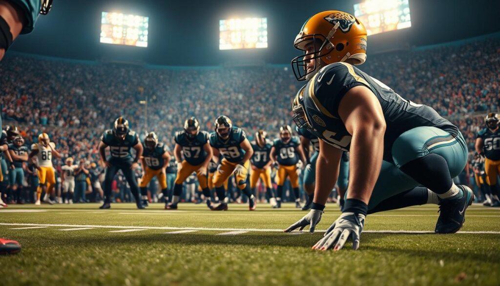 A detailed and dynamic scene of an American football game focused on the critical moment of a fourth down. In the foreground, a football field marked with yard lines, with a close-up of a tense quarterback in a Jacksonville Jaguars uniform, analyzing the situation. In the middle ground, teammates gather, showing a mix of determination and contemplation, all in professional football gear. The background features a cheering crowd in the stadium, with vivid blue and gold colors representing the Jaguars, illuminated by stadium lights casting a dramatic glow. Capture the intensity of the moment with a low-angle shot, emphasizing the strategic decision-making in a high-stakes environment, evoking a sense of urgency and excitement in the atmosphere.