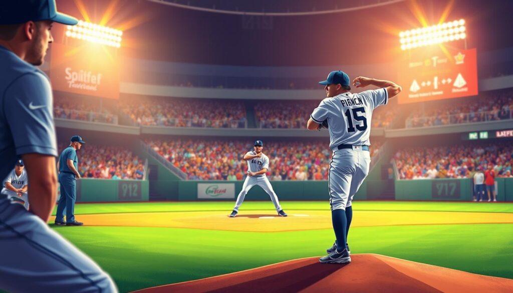 A detailed and vibrant digital illustration representing the concept of "opener strategy" in baseball. In the foreground, a pitcher in professional baseball attire stands on the mound, executing a precise throw, embodying focus and determination. In the middle ground, a batter is poised in a ready stance, analyzing the pitch with keen intensity, surrounded by a dynamic baseball field with a well-manicured grass outfield. The background features a crowded stadium under bright, energetic lights, with fans cheering enthusiastically, creating an engaging atmosphere. The scene captures a moment of tactical discussion among coaches near the dugout, hinting at pitch count efficiency and strategy. The lighting is bright and vibrant, emphasizing the action and the strategic elements of the game, with a shallow depth of field to maintain focus on the pitcher.