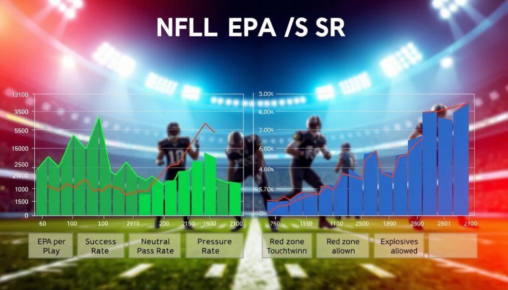 A detailed graphical representation of "NFL EPA SR" metrics, focusing on advanced statistics from NFL games. In the foreground, dynamic graphs and charts illustrate the metrics: EPA per play, success rate, neutral pass rate, pressure rate, red zone touchdown rate, and explosives allowed, using vibrant colors like green, blue, and red for clarity. In the middle, a stylized football field backdrop subtly conveys the sport's context, with player silhouettes in action poses, dressed in professional sports attire. The background features blurred stadium lights to create a vibrant, energetic atmosphere, enhancing the focus on the metrics. Bright, sharp lighting highlights the graphs while maintaining a professional tone, aiming for an analytical yet dynamic feel reflective of advanced sports metrics analysis.