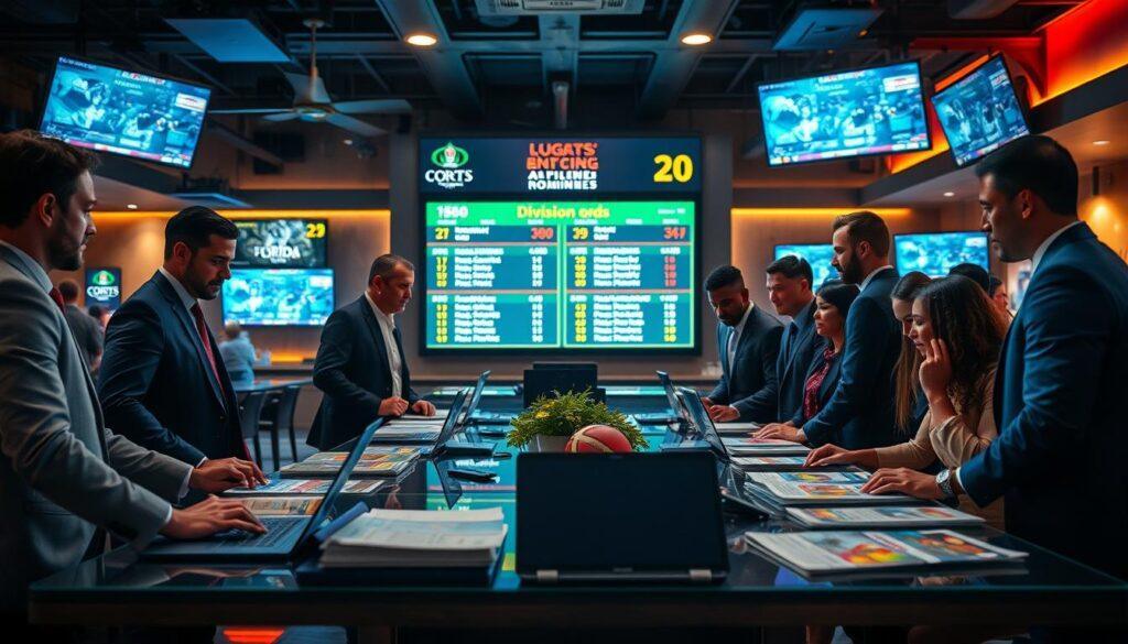 A dynamic and engaging scene capturing the essence of Florida's sports betting landscape. In the foreground, a group of diverse individuals, dressed in professional business attire, are gathered around a sleek table filled with sports magazines and laptops, analyzing betting odds and player statistics. In the middle ground, a large digital screen displays real-time updates of division odds and award nominees for Florida teams, glowing with vibrant colors. The background features a stylish, modern sports bar ambiance, complete with ambient lighting and wall-mounted TVs broadcasting various games. The atmosphere is energetic yet focused, suggesting excitement and keen interest in the betting world. Utilize a warm color palette to evoke a welcoming vibe, with sharp focus and soft depth of field to highlight the people in the foreground.
