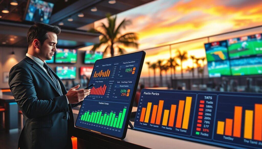 A dynamic and informative scene depicting a "Florida betting recap" for sports enthusiasts. In the foreground, a sleek digital dashboard displays colorful charts and graphs showcasing betting results, including ATS, totals, and prop bets by team. To the left, a professional staff member, dressed in smart business attire, analyzes the data on a tablet, engaging intently with the information. The middle ground features a modern sports bar with multiple screens showing live games, creating an energetic atmosphere. In the background, palm trees and a sunset sky evoke Florida’s vibrant setting. The lighting is warm and inviting, highlighting the camaraderie of sports betting. The overall mood is focused yet lively, capturing the excitement of betting on games in Florida.