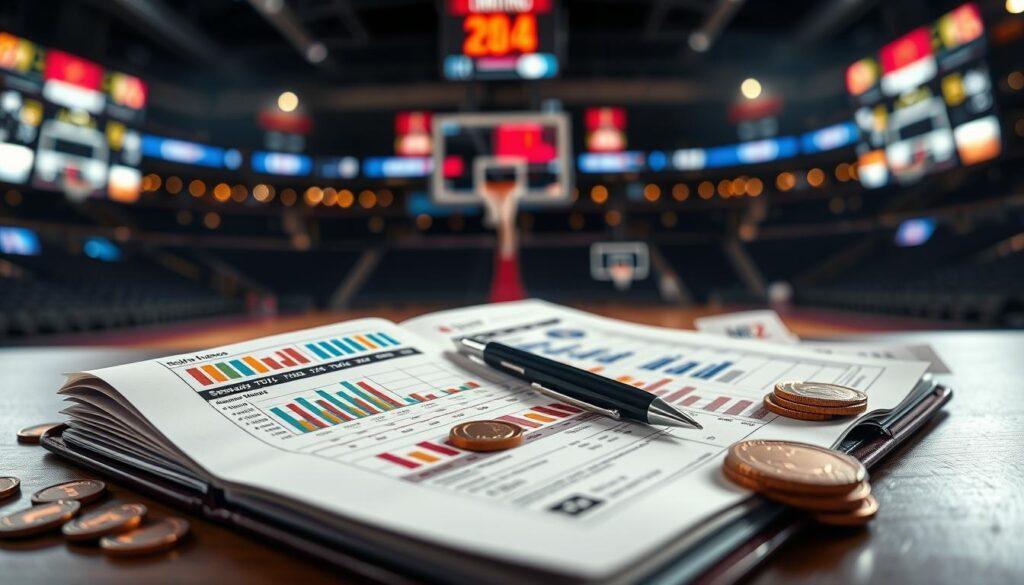 A dynamic and visually striking image showcasing a betting ledger filled with colorful charts and graphs, highlighting statistics related to the Miami Heat's gaming analytics. In the foreground, an open ledger with detailed columns for spreads, totals, and CLV (closing line value) insights, with a pen placed strategically as if someone is actively analyzing the data. The middle ground features scattered tokens and betting slips, hinting at live betting excitement. In the background, a blurred image of a basketball court with faint scoreboard lights illuminating the scene, creating a competitive and analytical atmosphere. Use soft, focused lighting to enhance clarity and mood, simulating a professional analytical setting. Avoid any text or branding on the ledger.