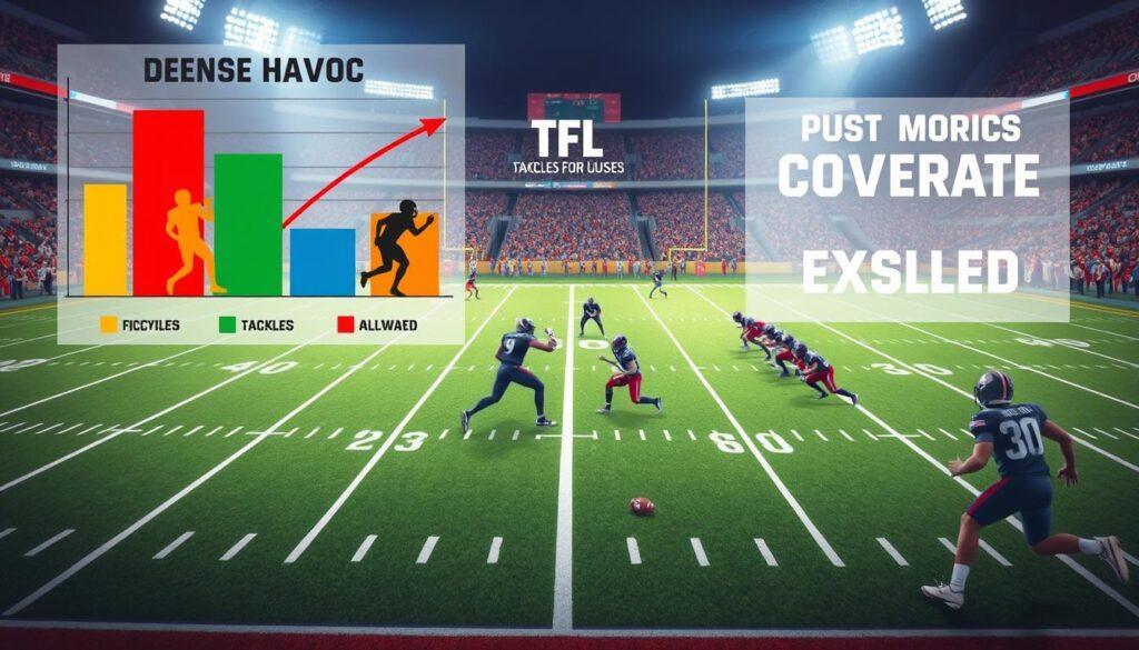 A dynamic digital illustration focused on college football advanced statistics, prominently featuring visual elements representing "Defense Havoc," "TFL (Tackles for Loss)," and "Coverage Busts" against a backdrop of a football field. In the foreground, a vibrant graphic chart displaying statistical data in colorful bar and line graphs, incorporating player silhouettes and animated arrows to denote explosive plays allowed. In the middle ground, a stylized football field with detailed yard lines, markers for down and distance, and players in professional athletic apparel caught in action poses. The background includes a softly blurred stadium filled with cheering fans under dramatic stadium lights, creating an electrifying atmosphere. The overall mood conveys high stakes and intensity, ensuring all elements are engaging yet professional, with a focus on athletic performance analysis.