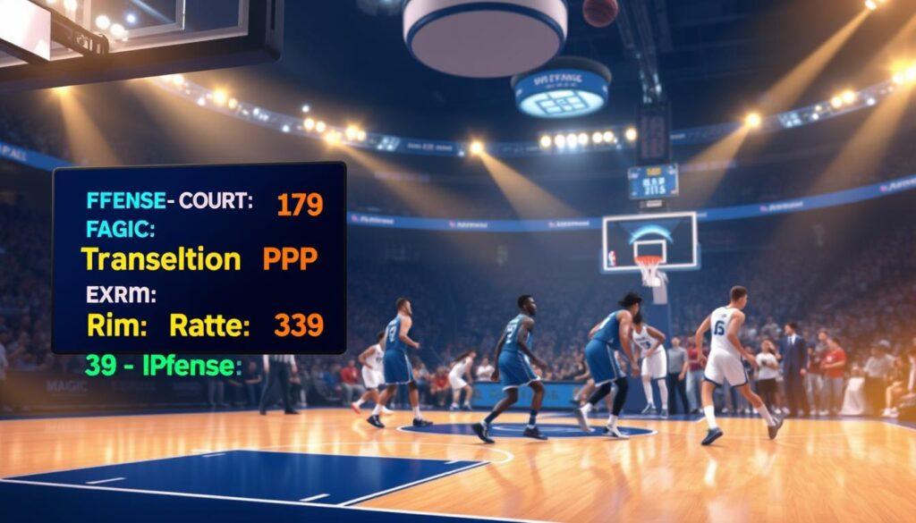 A dynamic digital illustration showcasing a basketball court scene, emphasizing the Orlando Magic's post-game analytics. In the foreground, feature a digital scoreboard displaying colorful statistics like "Offense Half Court", "Transition PPP", "PnR Frequency", "Rim Rate", and "3-Point Rate". The middle ground includes a stylized half-court view with players in professional basketball attire engaged in various offensive plays, showcasing teamwork and strategy. In the background, a cheering crowd and arena lights create an energetic atmosphere, with soft golden lighting accentuating the players and stats. The image should evoke a sense of competition and analysis, capturing the essence of a spirited post-game breakdown. A dynamic digital illustration showcasing a basketball court scene, emphasizing the Orlando Magic's post-game analytics. In the foreground, feature a digital scoreboard displaying colorful statistics like "Offense Half Court", "Transition PPP", "PnR Frequency", "Rim Rate", and "3-Point Rate". The middle ground includes a stylized half-court view with players in professional basketball attire engaged in various offensive plays, showcasing teamwork and strategy. In the background, a cheering crowd and arena lights create an energetic atmosphere, with soft golden lighting accentuating the players and stats. The image should evoke a sense of competition and analysis, capturing the essence of a spirited post-game breakdown.