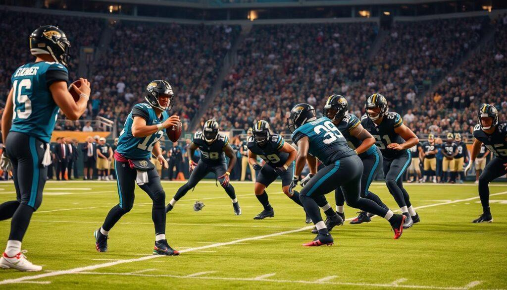 A dynamic football scene showcasing the Jacksonville Jaguars' offense during a game. In the foreground, a quarterback in a Jaguars uniform executes a strategic play, looking focused and determined. He stands on a football field with vibrant green grass and yard line markings visible. In the middle ground, a diverse group of offensive players, all in modern Jaguars gear, demonstrates teamwork as they prepare to execute a run-pass option (RPO). A defensive player appears to be applying pressure, capturing the intensity of the moment. In the background, a cheering crowd in a stadium, illuminated by bright stadium lights, creates an energetic atmosphere. The shot is taken from a low angle to emphasize the action, with a slightly blurred background to draw attention to the players. The scene conveys excitement, strategy, and the thrill of football, highlighting advanced plays and teamwork.