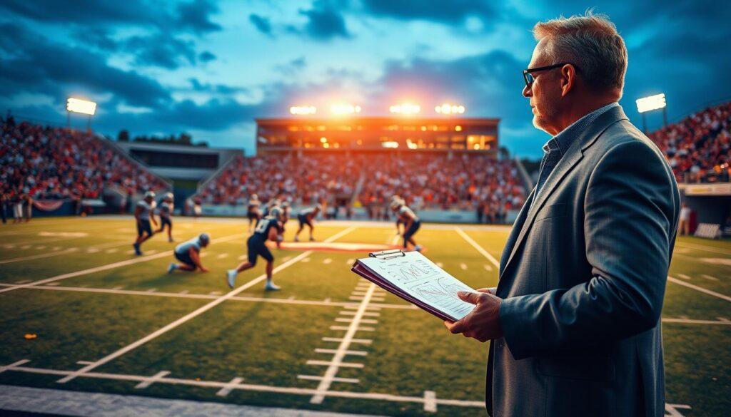 A dynamic scene capturing the essence of SEC special teams analysis during a football game. In the foreground, a well-dressed analyst, wearing a smart blazer and holding a clipboard, is passionately discussing strategies with a focus on field goals and punts, showcasing charts and statistics. The middle ground features a football field marked with yard lines, players in professional uniforms practicing special teams drills, emphasizes the teamwork and precision required. In the background, a stadium filled with cheering fans under bright stadium lights, creating an energetic atmosphere. The setting is dusk, with a warm golden glow from the lights contrasting against the deep blue of the evening sky. Capture the intensity and excitement of gameday, focusing on the strategic elements of special teams play.