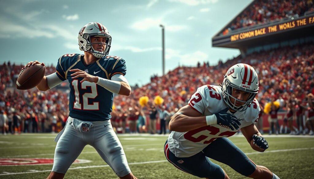 A dynamic scene featuring key player matchups in a college football context, highlighting two players in action on a vibrant stadium field. In the foreground, a determined quarterback in a professional sports uniform throws a football, with an opposing defensive player lunging to tackle him. Both players exhibit intense focus and athleticism. In the middle ground, cheering fans in team colors create an electric atmosphere, while cheerleaders perform in the background, adding to the excitement. The stadium lighting casts dramatic shadows, enhancing the players' expressions, and a slight lens flare suggests a late afternoon match. The overall mood is tense yet thrilling, embodying the competitive spirit of college football.