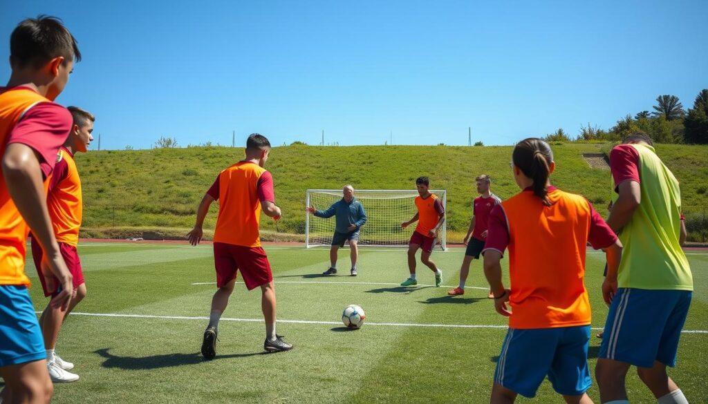 A dynamic sports scene depicting a soccer training session focused on set pieces and chance creation. In the foreground, a diverse group of players in vibrant jerseys is practicing free kicks, with one player poised to strike the ball, while others are strategically positioned as potential goal-scorers. The middle ground features goalposts and a coach gesturing, emphasizing tactical discussions. The background showcases a lush green field under a clear blue sky, illuminated by natural sunlight, enhancing the energetic atmosphere. The image captures the intensity and precision of soccer training, conveying the importance of set pieces and key passes in the game, with a focus on teamwork and strategy in a professional and engaging manner.