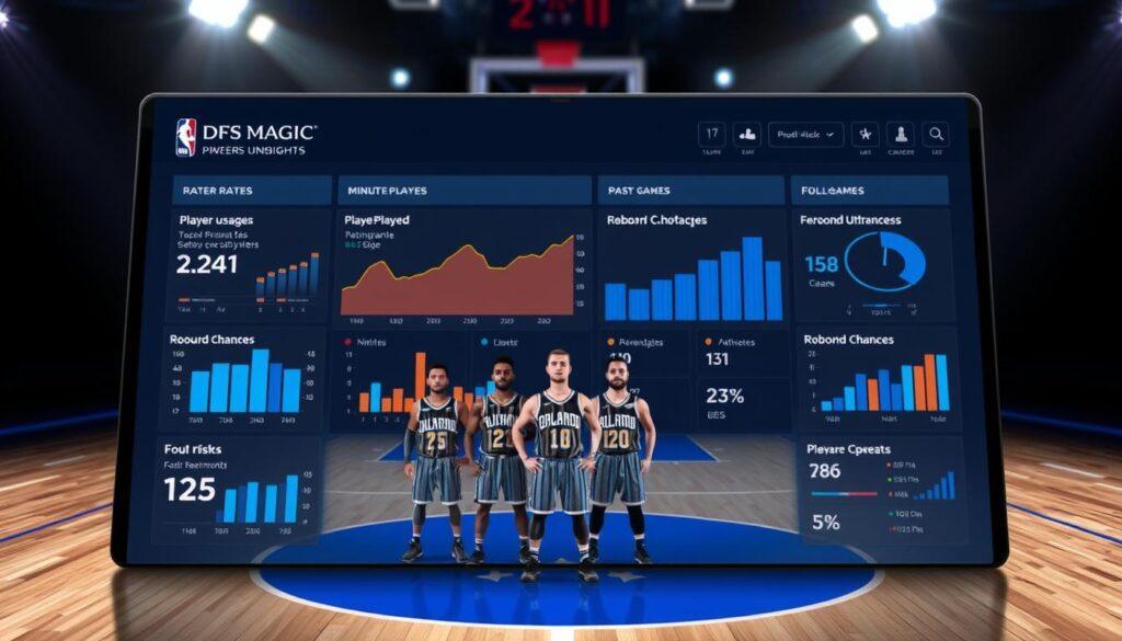 A dynamic visual representation of DFS usage insights focusing on the Orlando Magic's post-game statistics. Foreground features a sleek digital dashboard displaying key metrics like player usage rates, minutes played, rebound chances, and foul risks, represented through vibrant graphs and charts. The middle layer includes stylized icons or avatars of Orlando Magic players, dressed in professional team uniforms, positioned beside the metrics they influence. The background is an abstract basketball court, softly illuminated with dramatic lighting to emphasize the data without distraction. The overall atmosphere is analytical and focused, conveying a sense of professionalism and sports insight, ideal for a detailed analysis in a sports article. A dynamic visual representation of DFS usage insights focusing on the Orlando Magic's post-game statistics. Foreground features a sleek digital dashboard displaying key metrics like player usage rates, minutes played, rebound chances, and foul risks, represented through vibrant graphs and charts. The middle layer includes stylized icons or avatars of Orlando Magic players, dressed in professional team uniforms, positioned beside the metrics they influence. The background is an abstract basketball court, softly illuminated with dramatic lighting to emphasize the data without distraction. The overall atmosphere is analytical and focused, conveying a sense of professionalism and sports insight, ideal for a detailed analysis in a sports article.