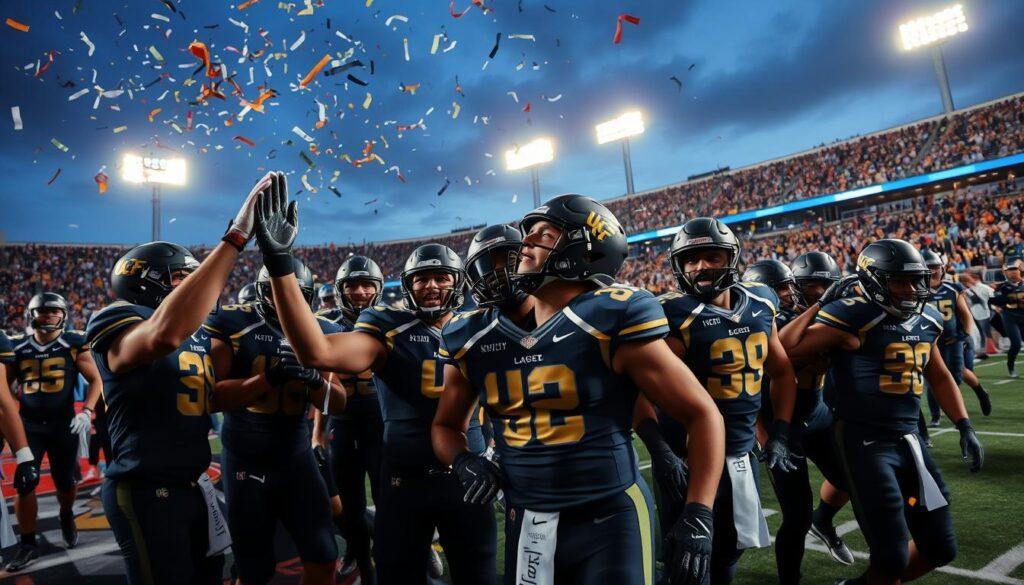 A lively scene capturing the post-game atmosphere of the UCF Knights football team, showcasing players in sleek, dark blue and gold uniforms celebrating on the field. In the foreground, a group of athletes with determined expressions, high-fiving and cheering as confetti falls around them. The middle ground features the UCF stadium buzzing with energy and filled with cheering fans, many wearing UCF paraphernalia. The background reveals the iconic stadium lights glowing brightly against the evening sky. The angle should be slightly elevated, conveying a sense of triumph and excitement. The lighting is dynamic and vibrant, emphasizing the celebratory mood of victory and the stakes involved in the game and betting scene.