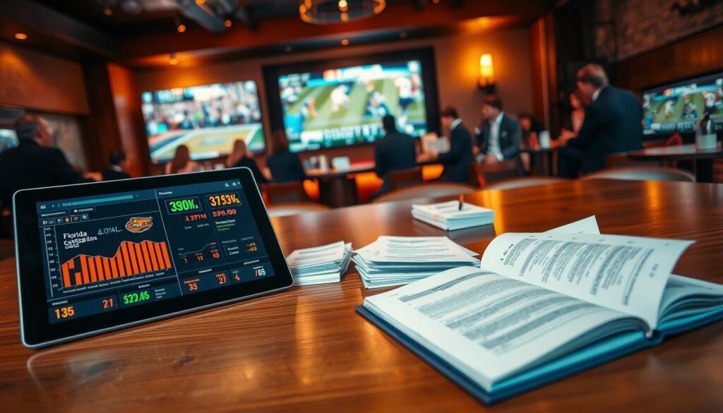 A professional betting analysis scene focused on the Florida Gators. In the foreground, a stylish, modern tablet displays vibrant graphs and statistics, including spread and total line movements. The middle ground features a sleek, wooden desk with neatly arranged betting slips and a notepad filled with analytical notes. In the background, a softly lit sports bar ambiance sets the atmosphere, with large screens showing a game replay and a group of focused individuals in business casual attire discussing strategies. The lighting is warm and inviting, emphasizing a serious, analytical mood while maintaining a sense of excitement and camaraderie. Use a slight overhead angle to capture the entire scene while keeping the focus on the analysis components.