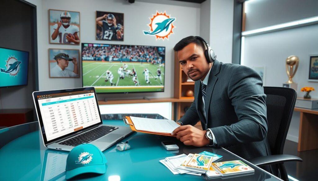 A professional sports analyst sitting at a sleek, modern desk in a well-lit studio, conducting a props review of the Miami Dolphins post game analysis. The foreground features a laptop displaying game statistics and a well-organized clipboard filled with notes. In the middle, a high-definition screen showcases key moments from the game, highlighting explosive plays by Tua Tagovailoa. On the desk, there are various props related to the game, such as a Miami Dolphins cap, game tickets, and football trading cards. The background features posters of the Miami Dolphins and a trophy case. The lighting is bright and focused, emphasizing the analyst's intense concentration. The mood is analytical and professional, capturing the essence of sports commentary.