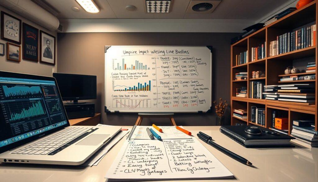 A sophisticated, analytical workspace illuminated by soft, overhead lighting. In the foreground, a sleek, modern desk cluttered with statistical betting charts and graphs related to moneyline and runline analysis. A laptop displays real-time data on betting results, while a notepad features handwritten notes highlighting CLV (Closing Line Value) trends. In the middle ground, a large whiteboard filled with colorful markers illustrates the interplay between umpire impact and betting metrics, showcasing visual data representations. The background features shelves lined with sports memorabilia and books on betting strategies, adding a scholarly touch. The mood conveys a sense of focused determination and intellectual engagement, suitable for a professional analysis of sports betting outcomes.