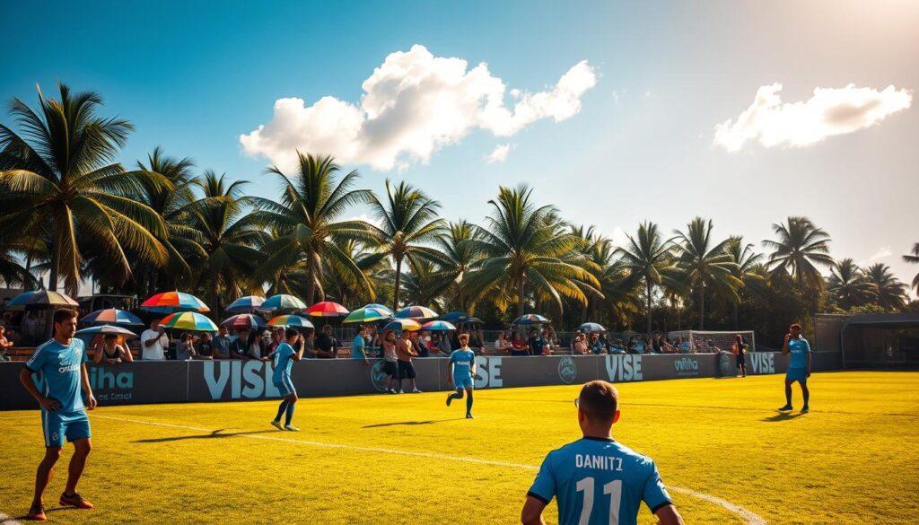 A sun-soaked Florida landscape during a hot, humid summer day, showcasing a vibrant soccer field in the foreground, with players in professional jerseys representing Orlando City and Inter Miami, focused and spirited. In the middle ground, a group of fans shaded under colorful umbrellas, fanning themselves, capturing the excitement and heat of the match. The background features palm trees swaying gently in the warm breeze, with a clear blue sky overhead dotted with a few puffy white clouds. The scene is illuminated with bright, warm sunlight, casting dynamic shadows on the field, emphasizing the intense atmosphere of a classic soccer showdown. The overall mood is lively and energetic, embodying the essence of Florida’s heat and humidity during a crucial match.