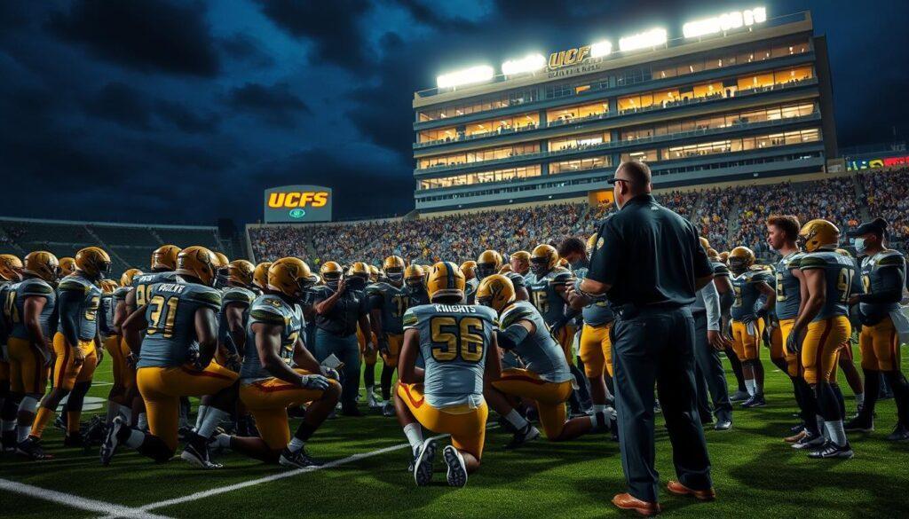 A vibrant UCF Knights football scene depicting a post-game celebration on the field. In the foreground, a diverse group of players in UCF Knights uniforms, showing visible signs of camaraderie and intensity, are gathered in a huddle, some kneeling and others standing, discussing strategies and analyzing their performance. In the middle ground, coaches are reviewing the injuries depth chart, with visual aids like tablets and charts, while others oversee player recovery stretches. The background features the iconic Bounce House stadium, dimly lit with stadium lights glowing against the evening sky, creating a dramatic, energetic atmosphere. The angle is slightly elevated, capturing the essence of teamwork amidst a celebratory yet serious mood, emphasizing the importance of post-game reflections on injuries and player management.