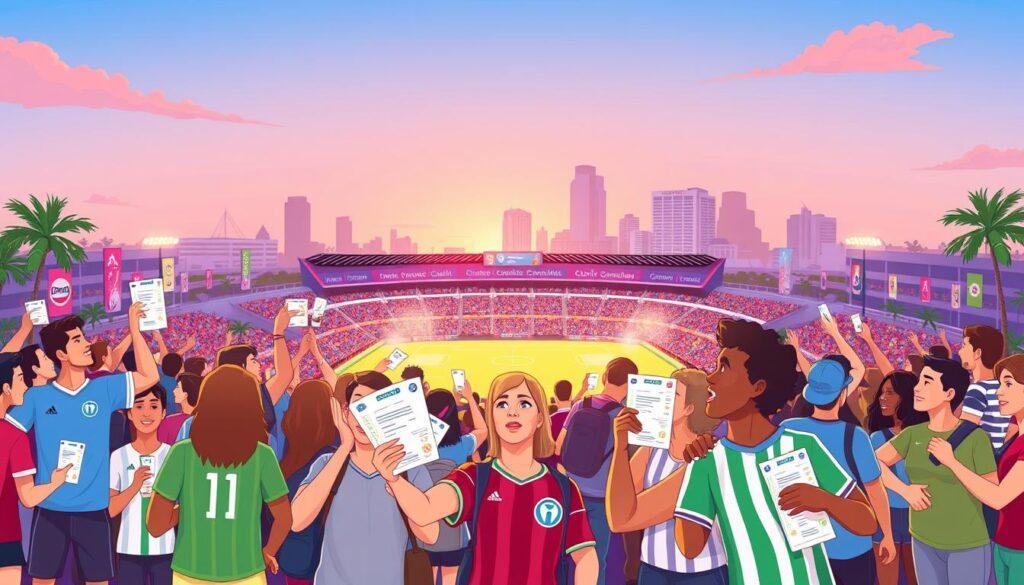 A vibrant and engaging fan travel guide illustration depicting a matchup between Orlando City and Inter Miami. In the foreground, a diverse group of enthusiastic fans, dressed in soccer jerseys and casual attire, hold tickets and travel maps, symbolizing their anticipation for the match. In the middle, a scenic view of the iconic stadium landmarks, filled with banners and team colors, shows the electric atmosphere of the event. The background includes a sunny Orlando skyline, with palm trees and clear blue skies, capturing the essence of a perfect match day. Soft evening lighting creates a warm and inviting mood, while a low-angle perspective enhances the feeling of excitement, making it an appealing image suitable for sports fans and potential attendees.