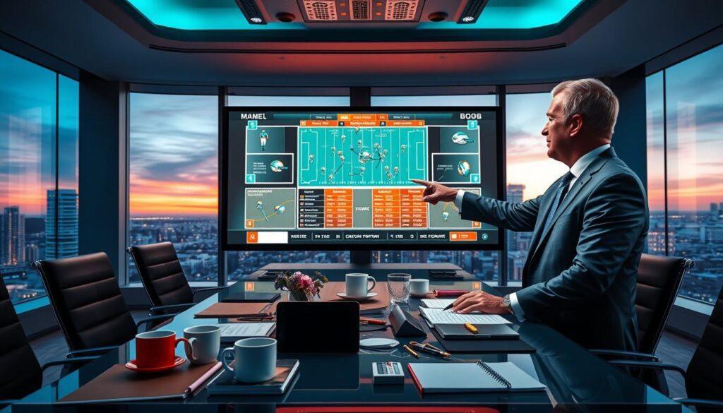 A vibrant, dynamic scene depicting an analysis of a Miami Dolphins game, showcasing a professional sports analyst in a sleek, modern conference room. In the foreground, the analyst, a middle-aged Caucasian man in a sharp business suit, points at a large digital screen displaying intricate defensive statistics and tactical diagrams with bold colors. The middle ground features a high-tech table cluttered with tablets, notebooks, and coffee cups, conveying a sense of intense focus. In the background, large windows reveal a dusk skyline of Miami, with soft blue and orange lighting illuminating the room, creating a professional and analytical atmosphere. The overall mood is intense and focused, embodying the spirit of post-game analysis.