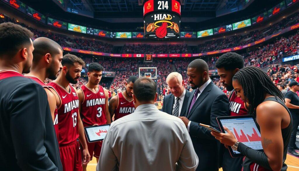 A vibrant post-game scene showcasing a Miami Heat basketball game in an indoor arena. In the foreground, a group of players in professional team attire, strategizing intensely. Capture their expressions of focus and determination as they discuss the matchup mechanics. The middle ground features team coaches and analysts reviewing statistics on digital tablets, displaying graphs related to zone frequency and shot profiles. The background presents a cheering crowd with colorful Heat banners, illuminated by dynamic arena lighting that creates an exciting atmosphere. Use a wide-angle perspective to emphasize the energy of the moment, enhancing the mood of post-game analysis and teamwork, while ensuring all individuals are depicted in smart casual or professional business attire.