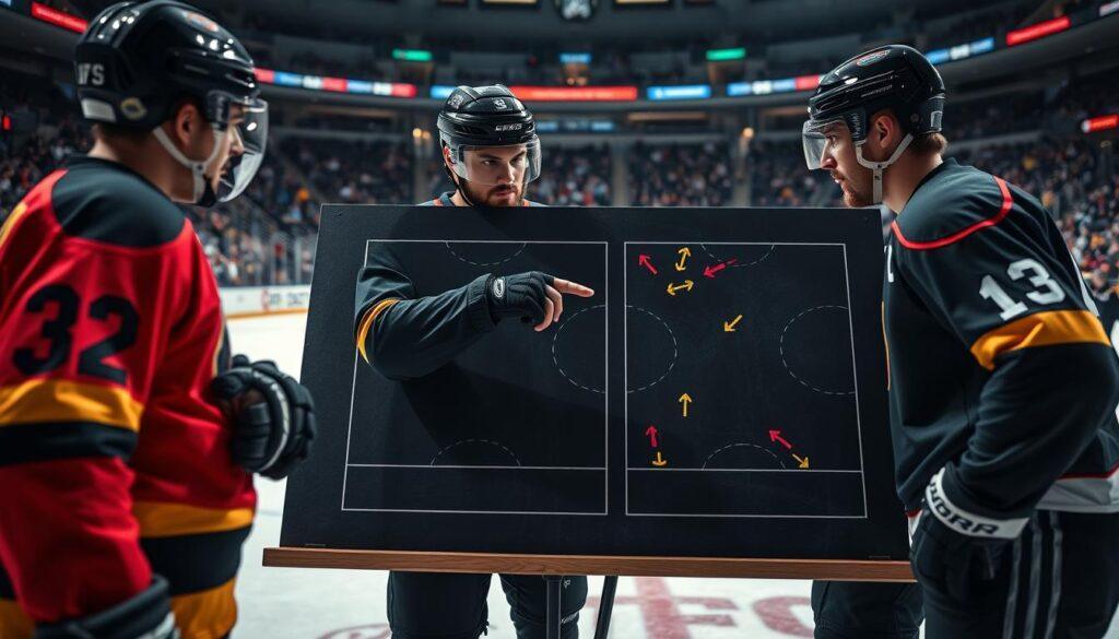 A detailed hockey analysis scene showcasing a defensive zone coverage strategy. In the foreground, a tactical chalkboard diagram displays player formations and movement arrows in bright colors. In the middle, a group of four hockey players, dressed in professional uniforms, is engaged in a training session, discussing strategies with focused expressions. One player points at the board, while others take notes. The background features an ice rink with a slightly blurred crowd, creating a dynamic sports atmosphere. The image is well-lit with natural arena lighting, highlighting the players and the board. The perspective is from a low angle, emphasizing the intensity of the players’ engagement. The overall mood is focused and strategic, embodying the essence of teamwork and preparation in hockey. A detailed hockey analysis scene showcasing a defensive zone coverage strategy. In the foreground, a tactical chalkboard diagram displays player formations and movement arrows in bright colors. In the middle, a group of four hockey players, dressed in professional uniforms, is engaged in a training session, discussing strategies with focused expressions. One player points at the board, while others take notes. The background features an ice rink with a slightly blurred crowd, creating a dynamic sports atmosphere. The image is well-lit with natural arena lighting, highlighting the players and the board. The perspective is from a low angle, emphasizing the intensity of the players’ engagement. The overall mood is focused and strategic, embodying the essence of teamwork and preparation in hockey.