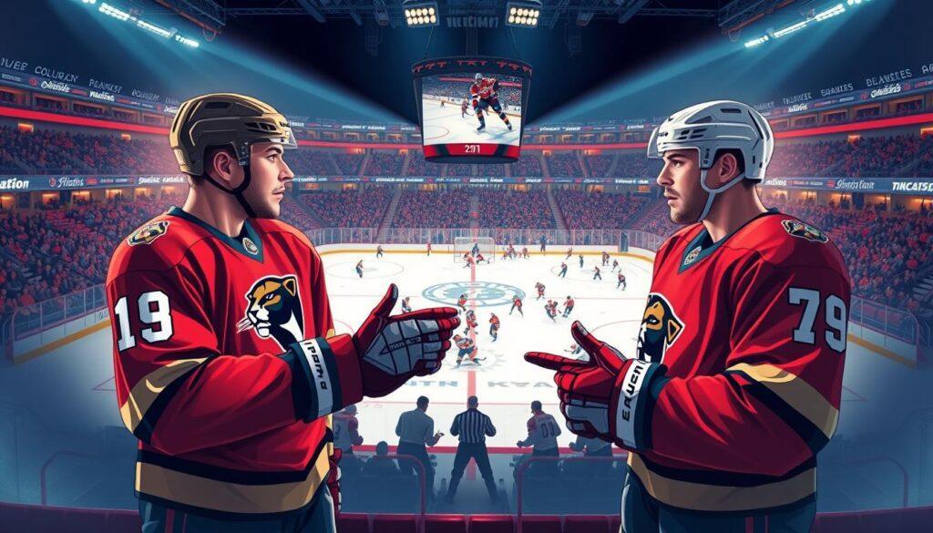 A dynamic and engaging illustration highlighting NHL defensive pairings, set against the backdrop of a brightly lit ice rink. In the foreground, two professional hockey players in striking team uniforms (Florida Panthers) are depicted in a strategic discussion, showcasing focused expressions and gesturing towards a digital tactical board displaying defensive formations. In the middle ground, a diverse group of players from both teams are practicing, emphasizing teamwork and coordination. The background features a packed stadium with cheering fans, and the dimmed arena lights creating an electric atmosphere. The overall mood conveys the intensity and strategy essential to hockey, with sharp, realistic details enhancing the excitement of the game analysis.