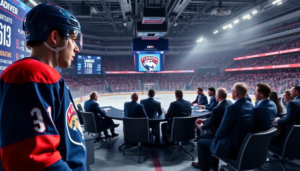 A dynamic scene depicting a Florida Panthers ice hockey player, clad in the team's vibrant blue and red uniform, intensely focused on strategizing during a trade deadline meeting. In the foreground, the player stands beside a large digital display showing player stats and potential trade targets. The middle layer features a circular conference table surrounded by team executives in professional business attire, deep in discussion, highlighted by soft overhead lighting. The background reveals the ice rink with the team's logo and cheering fans, creating an electric atmosphere. The overall mood conveys urgency and anticipation, emphasizing the strategic importance of the trade deadline in the world of hockey. The image is shot from a slightly elevated angle to capture all elements effectively.