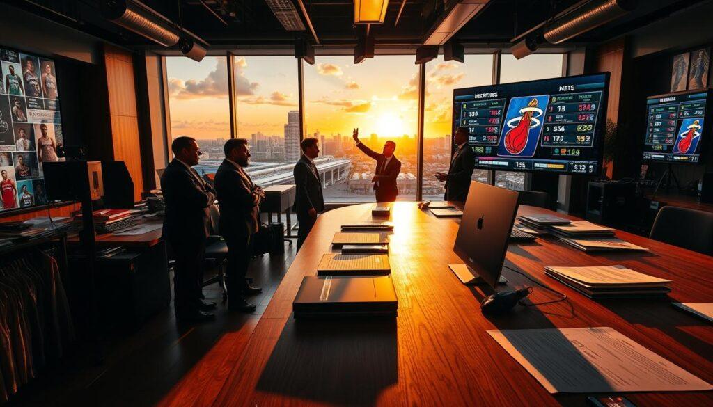 A dynamic scene showcasing a bustling sports newsroom dedicated to "Heat basketball predictions and trade rumors." In the foreground, a sleek wooden desk is cluttered with basketball statistics, player images, and team jerseys, casting soft shadows under warm overhead lights. The middle ground reveals focused sports analysts in professional attire, deeply engaged in discussions, with one pointing at an oversized digital screen displaying trade rumors and player stats. In the background, large windows reveal a vibrant Miami skyline at sunset, imbuing the atmosphere with energy and anticipation. The overall mood is intense and focused, reflecting the thrill of NBA speculation and the strategic mindset behind player trades. The lighting is warm and inviting, emphasizing the excitement surrounding the upcoming game.