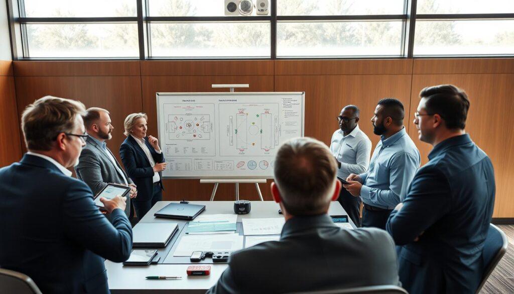 A detailed NFL coaching strategy meeting set in a modern conference room in Florida. In the foreground, a diverse group of professional-looking coaches in business attire are deeply engaged in discussion, surrounded by digital tablets and charts displaying game statistics and player analyses. In the middle, a large whiteboard features strategic game plans, including formations and play diagrams sketched in vibrant colors. The background showcases large windows allowing natural sunlight to flood the space, giving a vibrant and energetic atmosphere. The camera angle is slightly elevated, capturing the collaborative teamwork and intensity of the planning session, with a warm color palette to enhance the mood of focus and determination.