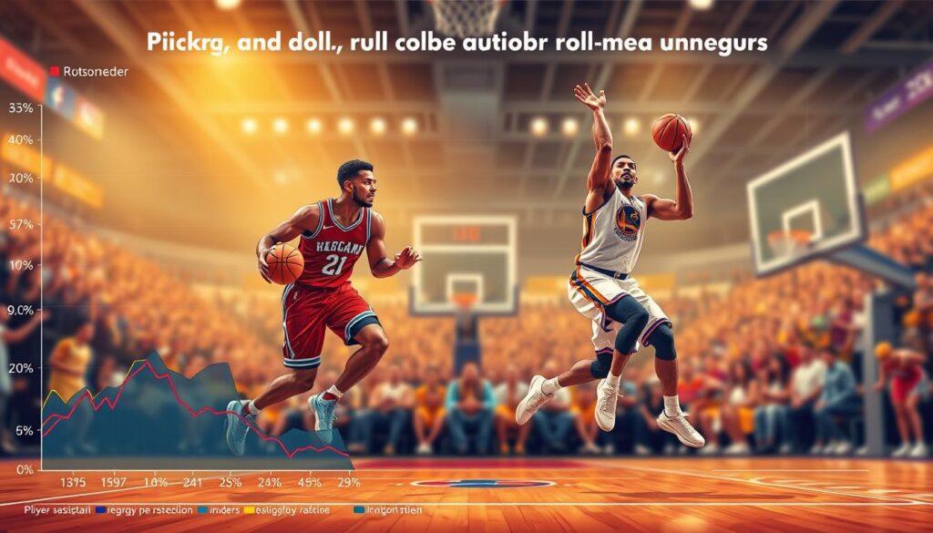 A detailed and vibrant illustration depicting an infographic-style representation of "Pick and roll creators and roll men synergy points per possession vs league." In the foreground, focus on colorful graphs and charts highlighting player statistics, with sharp lines and contrasting colors to emphasize data clarity. In the middle ground, incorporate dynamic illustrations of basketball players executing a pick and roll play; one player dribbling while another cuts toward the basket, both dressed in professional athletic uniforms. The background can feature a blurred basketball court setting, with subtle hints of cheering crowds to create an energetic atmosphere. Use warm lighting to enhance the excitement, and a slightly elevated angle to capture the action effectively. The overall mood should reflect analytical insight combined with the thrill of the sport.