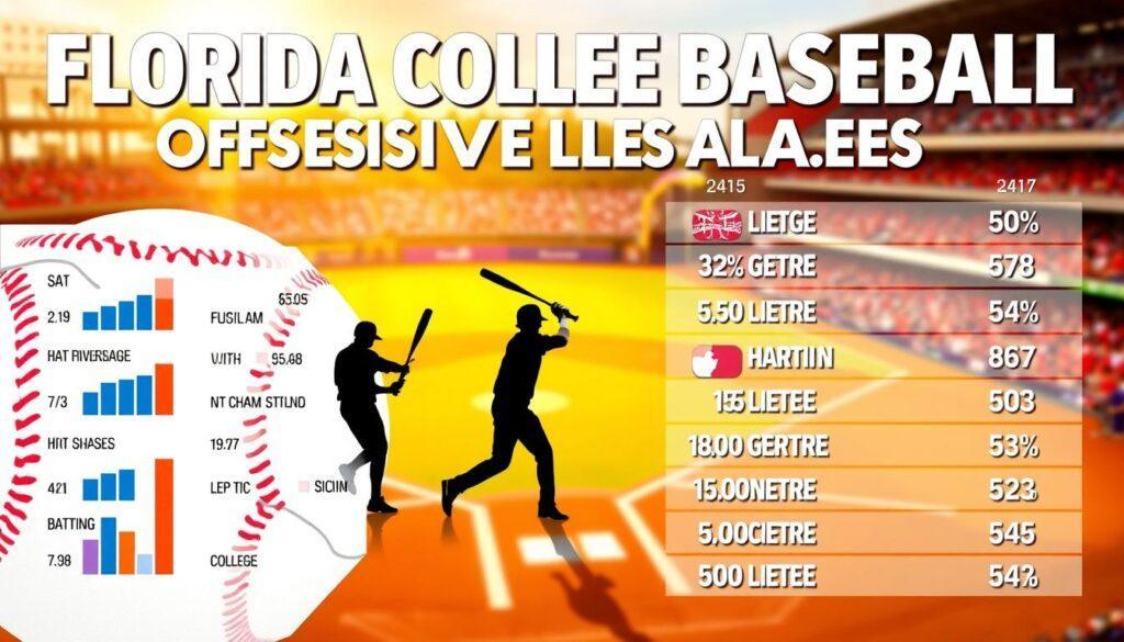 A detailed and vibrant statistical analysis graphic representing Florida college baseball offensive leaders. In the foreground, display a stylized baseball diamond overlayed with player statistics such as batting averages, home runs, and on-base percentages, using visually appealing bar graphs and pie charts. In the middle, include dynamic silhouettes of college baseball players in professional attire, poised at bat or in action, conveying a sense of energy and competition. The background features a blurred image of a sunlit baseball stadium filled with cheering fans, enhancing the atmosphere of excitement and anticipation. Utilize warm lighting to create an engaging, optimistic mood, with a focus on sharp details and clear contrasts, framed from a slightly elevated angle to capture the entirety of the scene.
