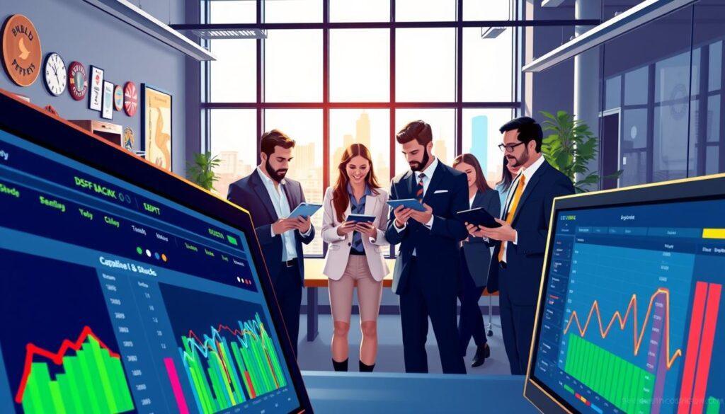 A dynamic and informative illustration representing the DFS value strategy for captain picks and stacks in sports betting. In the foreground, a close-up of a computer screen displaying DFS lineup statistics, featuring colorful graphs and charts with data analysis. In the middle ground, a diverse group of professionals in business attire are engaged in a discussion, using tablets and laptops to refine their fantasy strategies. The background depicts a modern office setting with sports memorabilia, large windows letting in natural light, and a cityscape view to evoke a sense of excitement and ambition. The mood is analytical and focused, with an emphasis on teamwork and strategic planning. The lighting is bright, showcasing the vibrant colors of the data visualizations.