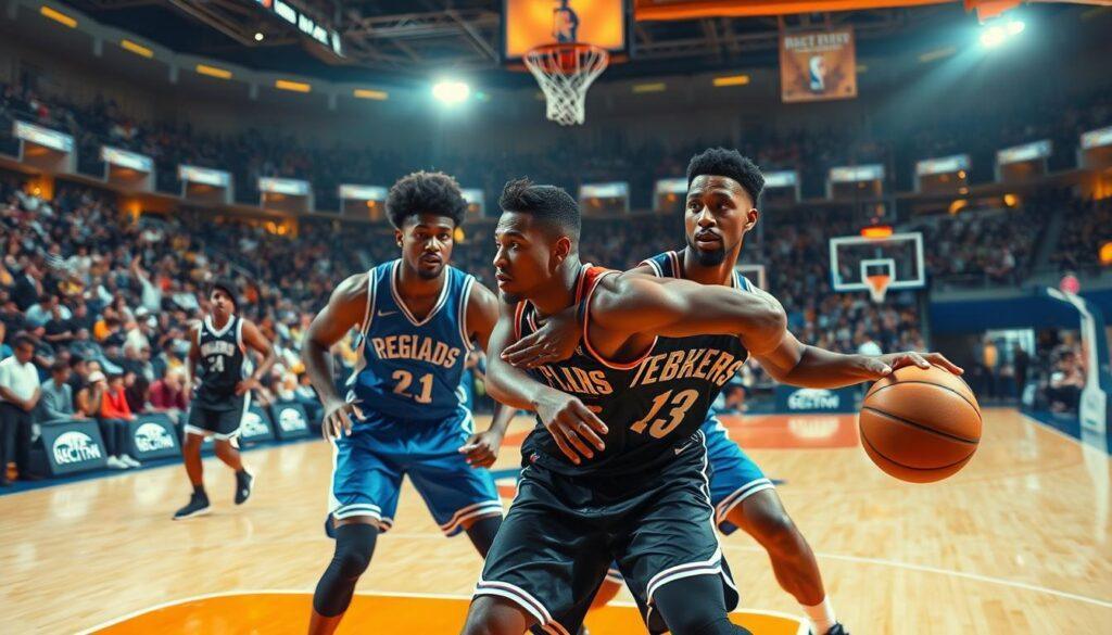 A dynamic basketball court scene showcasing a "pick and roll" strategy in a visually engaging manner. In the foreground, a diverse group of basketball players in professional team jerseys, one setting a solid screen while the other drives towards the basket, exhibiting focused expressions and athleticism. The middle field features a blurred defender attempting to navigate around the screen, capturing motion and tension. In the background, a cheering crowd illuminated by arena lights creates an electric atmosphere. The court is well-marked with bright colors, and the lighting heightens the drama with shadows cast by the players. Use a slightly low-angle shot to enhance the scene’s intensity and emphasize the action on the court. Aim for a thrilling, high-energy mood that resonates with competitive sports.