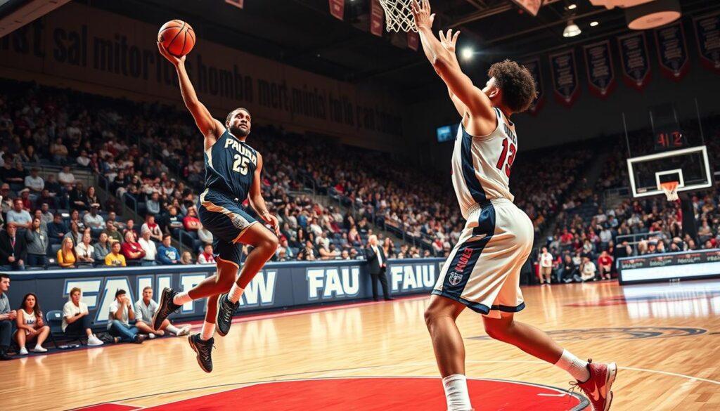 A dynamic basketball scene featuring FAU Owls players in action, focusing on two standout athletes showcasing efficient usage and clutch shooting. In the foreground, one player leaps for a jump shot, displaying intensity and determination, while the other is positioned defensively, emphasizing rim deterrence. In the middle ground, the basketball court is vibrant, with the FAU team colors prominently displayed. The background captures an enthusiastic crowd with school spirit banners. The lighting is dramatic, highlighting the players with a soft spotlight effect that creates a sense of urgency and focus. The angle is slightly low, emphasizing the players' athleticism and the dramatic moments of the game. The overall mood is exhilarating, showcasing the competitive spirit of college basketball.