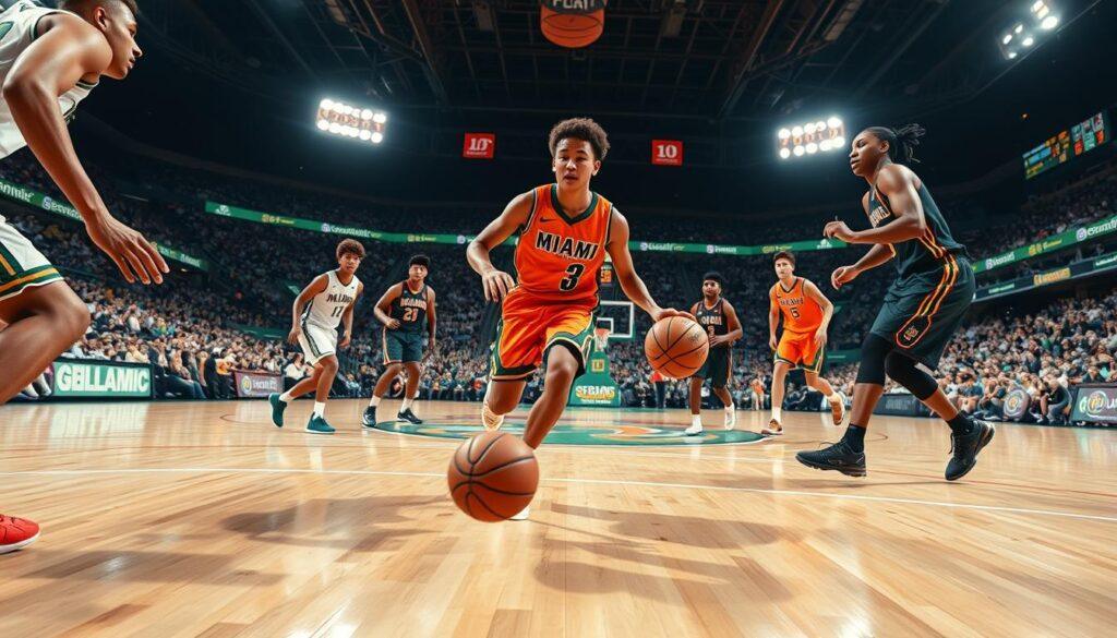 A dynamic basketball scene featuring a small-ball five player showcasing guard usage in intense action on a court. The foreground captures a young athlete in vibrant Miami Hurricanes gear, dribbling the ball with precision, surrounded by defenders. In the middle ground, teammates strategically position themselves to receive passes, emphasizing their fantasy-friendly roles. The background reveals a packed stadium, illuminated by bright lights, creating an energetic atmosphere filled with excitement. The camera is positioned low to the ground, enhancing the dramatic perspective. The image conveys a sense of motion and athleticism, underscoring the effectiveness and strategy of guard play, with warm colors and high contrast to draw viewers into the action.