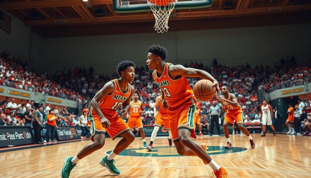 A dynamic basketball scene illustrating a "pick and roll" play in a vibrant gymnasium. In the foreground, two male players in the Miami Hurricanes' team colors—bright orange and green—are prominently featured. One player, dressed in a jersey and shorts, is executing a pick, while the other, emerging around the screen, prepares to drive towards the basket with intensity. In the middle ground, teammates positioned as spot-up shooters are ready to capitalize on the play, showcasing anticipation in their stance. The background features an energetic crowd and the hardwood floor, reflecting the gym's atmosphere. The lighting is bright, emphasizing the athletes’ movements and creating dynamic shadows. The angle captures the action from a slightly elevated perspective, enhancing the sense of urgency and strategy in the game.