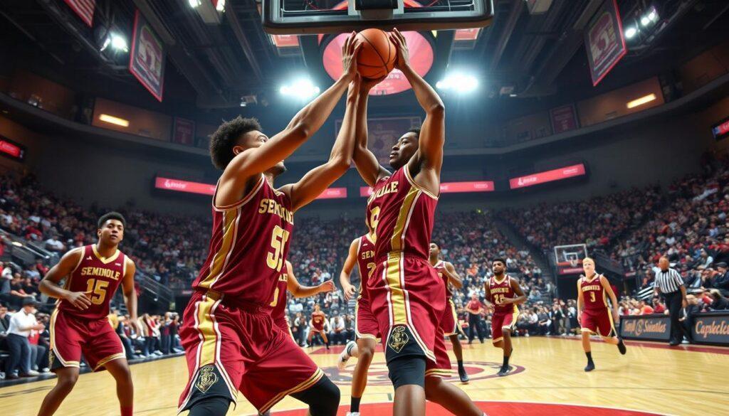 A dynamic basketball scene showcasing the Seminole basketball team in a high-intensity defensive play during a game. In the foreground, a player in garnet and gold jerseys, focused and determined, is executing a strategic block against an opposing player making a drive to the basket. The middle ground features a tense atmosphere with teammates positioned to rebound the ball, displaying strong body language and concentration. The background captures a vibrant crowd in a well-lit arena, with bright spotlights highlighting the players, creating an energized, competitive mood. Use a wide-angle perspective to emphasize the action and intensity of the moment, with vivid colors to convey excitement and focus on teamwork. A dynamic basketball scene showcasing the Seminole basketball team in a high-intensity defensive play during a game. In the foreground, a player in garnet and gold jerseys, focused and determined, is executing a strategic block against an opposing player making a drive to the basket. The middle ground features a tense atmosphere with teammates positioned to rebound the ball, displaying strong body language and concentration. The background captures a vibrant crowd in a well-lit arena, with bright spotlights highlighting the players, creating an energized, competitive mood. Use a wide-angle perspective to emphasize the action and intensity of the moment, with vivid colors to convey excitement and focus on teamwork.