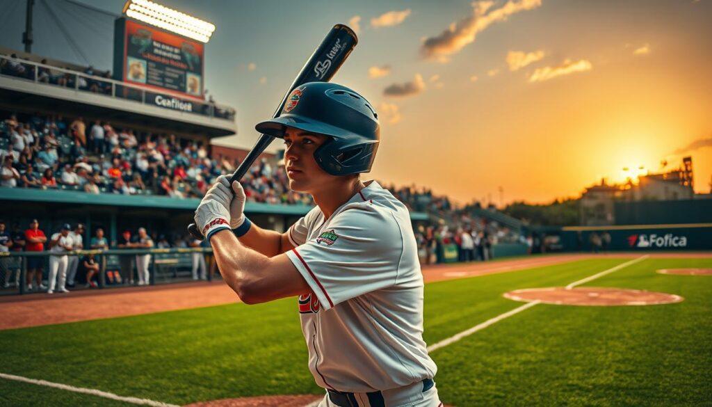 A dynamic scene capturing a Florida college baseball player, a young man in a sharp baseball uniform, showcasing his skills during a draft showcase. In the foreground, the athlete is in a poised batting stance, bat in hand, focused and determined, with sweat glistening under the bright stadium lights. The middle ground features an enthusiastic, diverse crowd of scouts and fans in the stands, eagerly watching the action unfold. In the background, the vibrant green field is marked with chalk lines, and the iconic Florida sunshine setting creates a warm, golden hue in the sky. The composition conveys a sense of anticipation and excitement, emphasizing the athlete's potential as an MLB draft prospect. The image is framed with a slight tilt from a low angle, enhancing the intensity of the moment, without any text or logos.