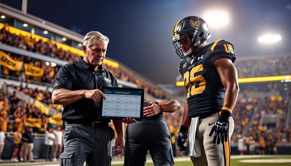 A dynamic scene depicting a UCF football coach and a player analyzing strategies, set against the backdrop of a vibrant football stadium under evening lights. In the foreground, the coach, dressed in a professional polo and tactical pants, is pointing towards a digital tablet showing transfer portal statistics. The player, wearing a sleek UCF uniform, leans in attentively, showcasing determination. In the middle ground, the stadium's stands are filled with enthusiastic fans, waving UCF flags, creating an energetic atmosphere. The background features the iconic bright golden and black team colors illuminated by stadium lights, adding to the excitement. The overall mood is focused and anticipatory, conveying the critical evaluation of player transfers impacting the upcoming season. The scene captures the essence of teamwork and strategy in sports.
