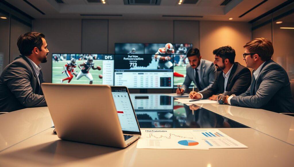 A dynamic scene featuring a group of professional analysts gathered around a high-tech conference table, analyzing data on screens displaying football statistics and player projections for FAU Owls. They are dressed in smart business attire, engaged in a focused discussion. In the foreground, a laptop is open with graphs and charts depicting DFS trends and strategies. The middle ground shows large screens behind them with action shots of FAU Owls players in vibrant team colors. The background includes a sleek, modern office environment with soft, warm lighting that creates an energetic atmosphere. The angle captures the team's collaboration, emphasizing the analytical approach to fantasy sports. The overall mood conveys excitement and strategy, encapsulating the essence of DFS.